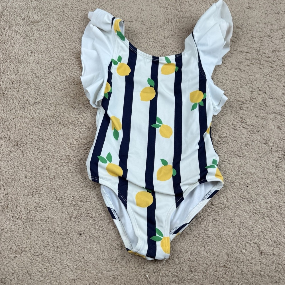 Janie and Jack Swimsuit Girls 4 Citrus Lemon Blue Stripe Ruffle One Piece UPF 50